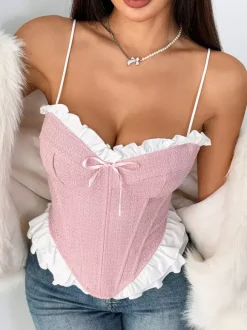 Corset rose Coquette à volants sexy sans manches bretelles décolleté péplum laçage