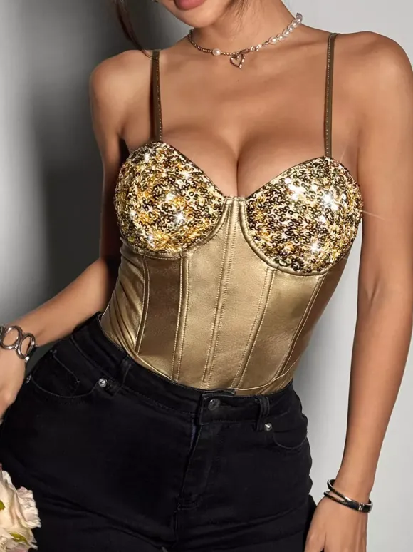 Corset argenté chic sans manches à bretelles et décolleté ajusté tops à sequins