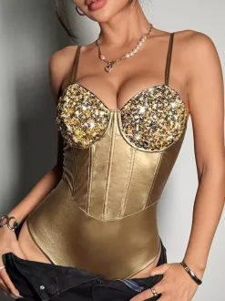 Corset argenté chic sans manches à bretelles et décolleté ajusté tops à sequins