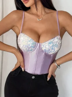 Corset argenté chic sans manches à bretelles et décolleté ajusté tops à sequins