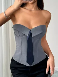 Corset blanc sexy sans manches gris style blazer à rayures