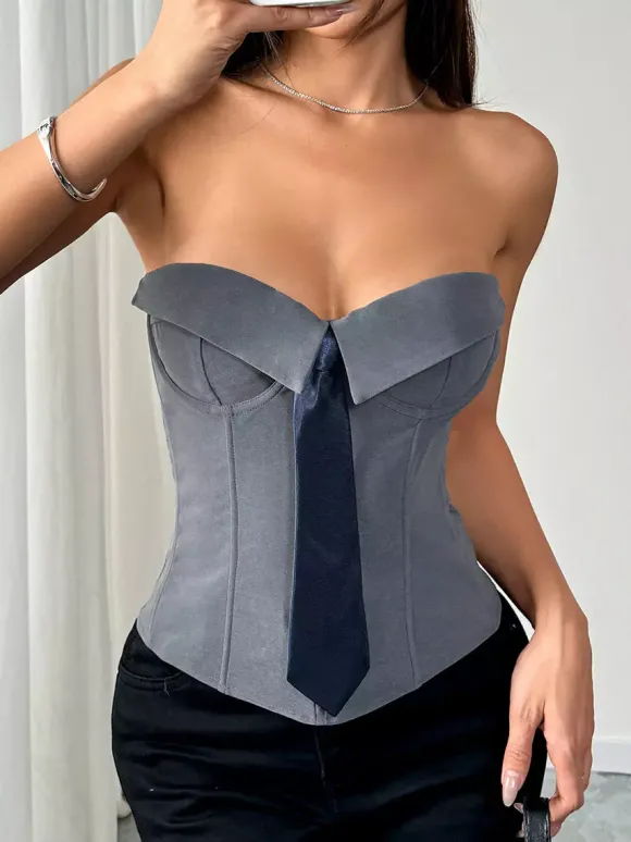 Corset blanc sexy sans manches gris style blazer à rayures