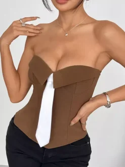 Corset blanc sexy sans manches gris style blazer à rayures