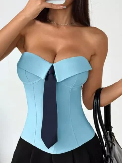 Corset blanc sexy sans manches gris style blazer à rayures