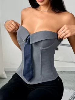 Corset blanc sexy sans manches gris style blazer à rayures