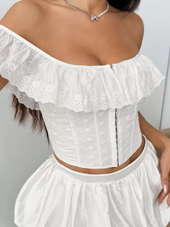 Corset bleu ciel clair chic sans manches épaules dénudées coupe ajustée volants laçage