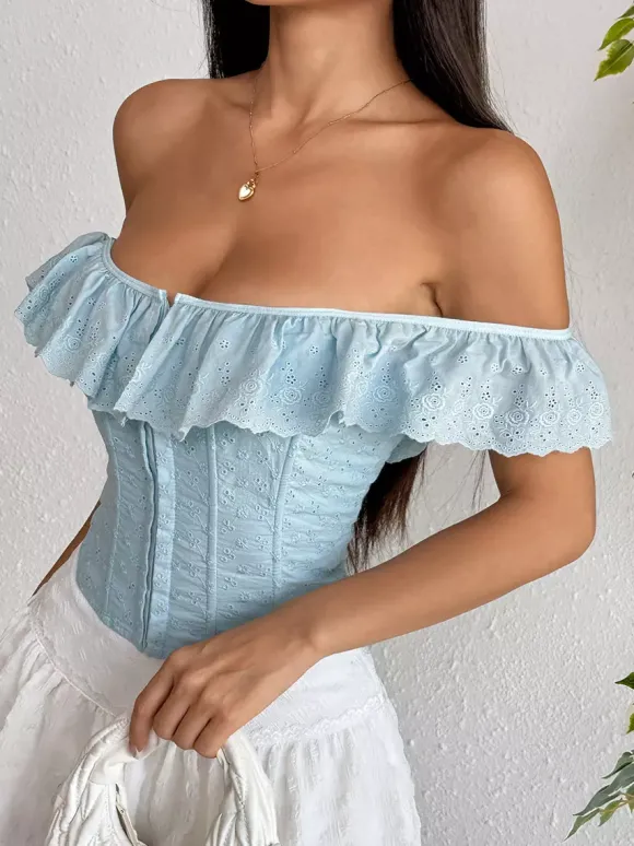 Corset bleu ciel clair chic sans manches épaules dénudées coupe ajustée volants laçage