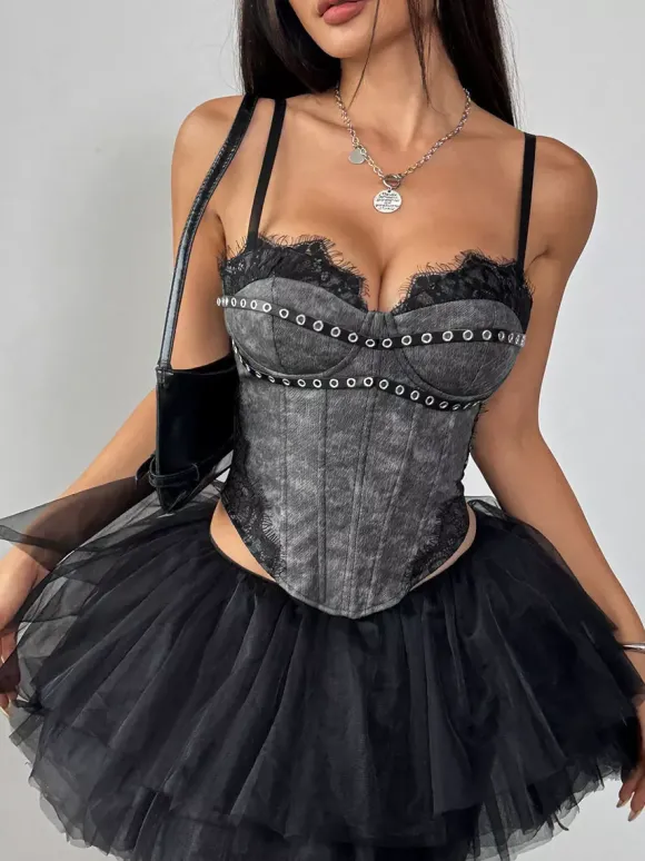Corset bleu ciel clair sexy sans manches à bretelles col ajusté fermeture éclair en dentelle