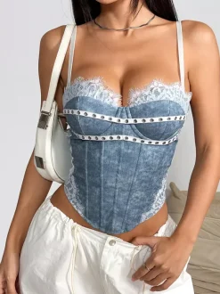 Corset bleu ciel clair sexy sans manches à bretelles col ajusté fermeture éclair en dentelle