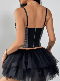 Corset bleu ciel clair sexy sans manches à bretelles col ajusté fermeture éclair en dentelle
