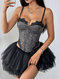 Corset bleu ciel clair sexy sans manches à bretelles col ajusté fermeture éclair en dentelle