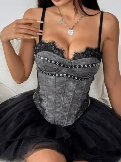 Corset bleu ciel clair sexy sans manches à bretelles col ajusté fermeture éclair en dentelle