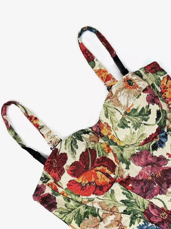 Corset bleu rétro sans manches imprimé coupe ajustée