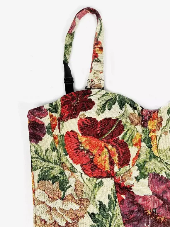 Corset bleu rétro sans manches imprimé coupe ajustée