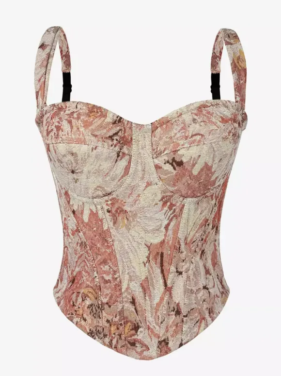 Corset bleu rétro sans manches imprimé coupe ajustée
