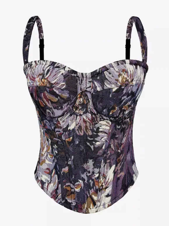 Corset bleu rétro sans manches imprimé coupe ajustée