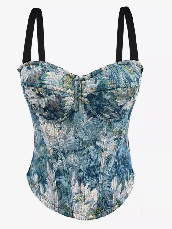 Corset bleu rétro sans manches imprimé coupe ajustée