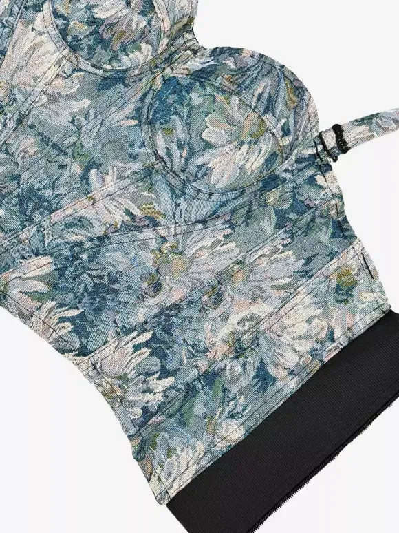 Corset bleu rétro sans manches imprimé coupe ajustée