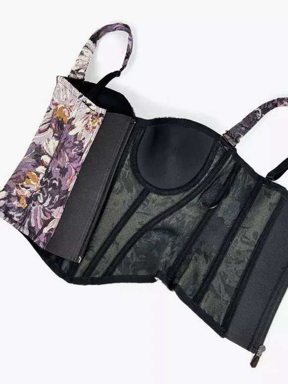 Corset bleu rétro sans manches imprimé coupe ajustée