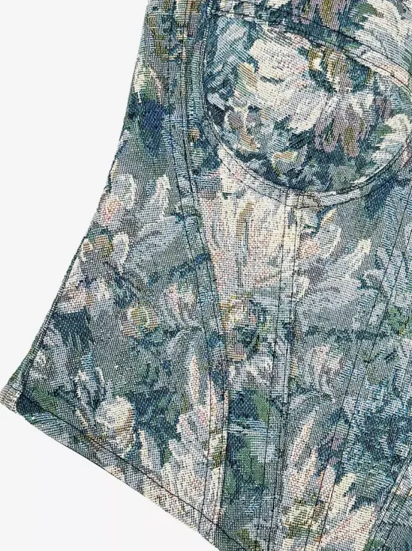 Corset bleu rétro sans manches imprimé coupe ajustée