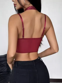 Corset bordeaux sexy sans manches à bretelles croisées en dentelle coupe ajustée décolleté plongeant