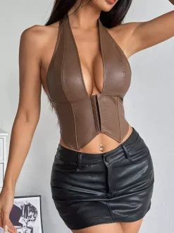 Corset bordeaux sexy sans manches coupe ajustée en dentelle