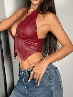 Corset bordeaux sexy sans manches coupe ajustée en dentelle