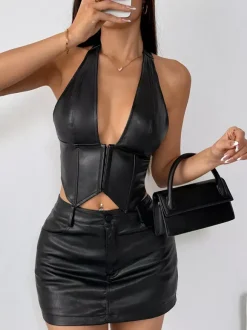 Corset bordeaux sexy sans manches coupe ajustée en dentelle