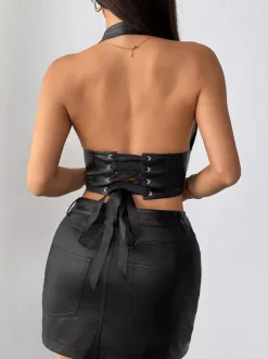 Corset bordeaux sexy sans manches coupe ajustée en dentelle