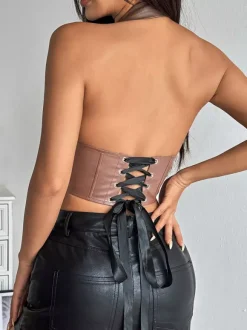 Corset bordeaux sexy sans manches coupe ajustée en dentelle