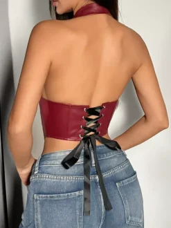 Corset bordeaux sexy sans manches coupe ajustée en dentelle