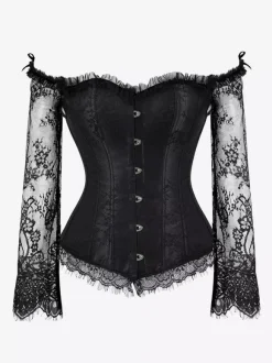 Corset bustier à manches longues en dentelle florale à épaules dénudées et fermeture à agrafes au dos.