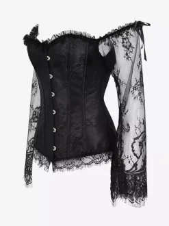 Corset bustier à manches longues en dentelle florale à épaules dénudées et fermeture à agrafes au dos.
