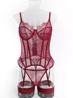 Corset en dentelle bordeaux lingerie sexy ensemble 3 pièces avec porte-jarretelles