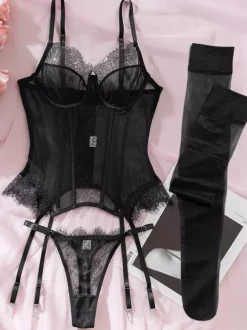 Corset en dentelle bordeaux lingerie sexy ensemble 3 pièces avec porte-jarretelles