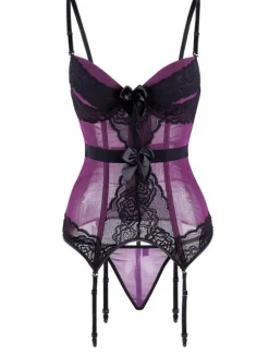 Corset Femme Lingerie Sexy en Dentelle avec Bretelles à Col Décolleté Coupe Cintrée Bicolores