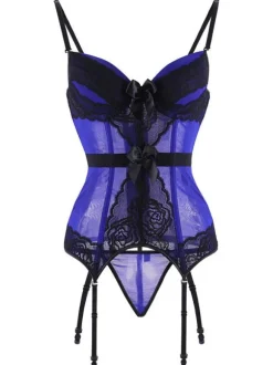 Corset Femme Lingerie Sexy en Dentelle avec Bretelles à Col Décolleté Coupe Cintrée Bicolores