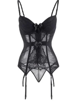 Corset Femme Lingerie Sexy en Dentelle avec Bretelles à Col Décolleté Coupe Cintrée Bicolores