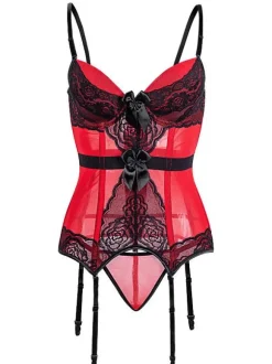 Corset Femme Lingerie Sexy en Dentelle avec Bretelles à Col Décolleté Coupe Cintrée Bicolores