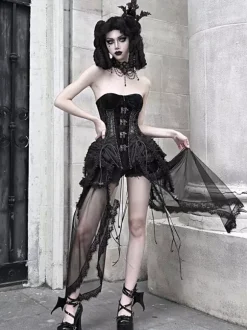 Corset gothique Lolita pour femme robe Lolita noire à lacets en polyester