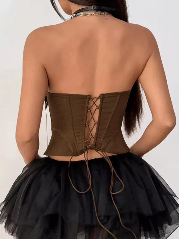 Corset marron sexy sans manches coupe ajustée à lacets