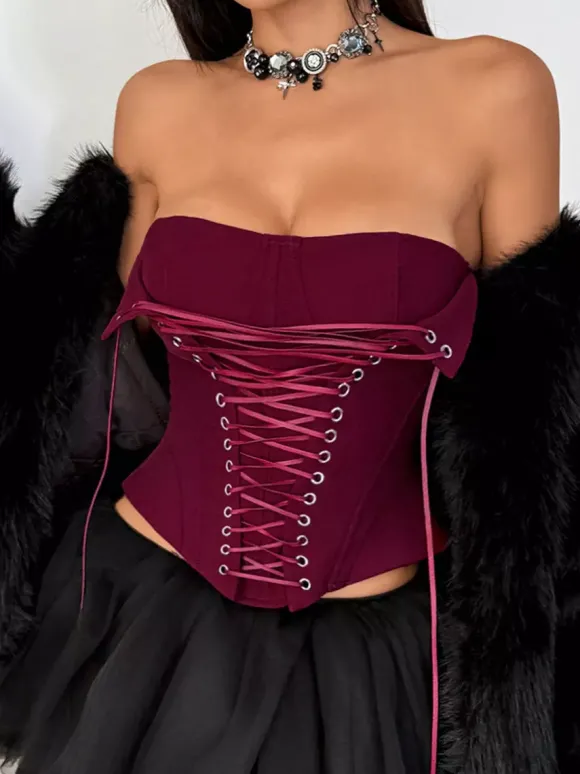 Corset marron sexy sans manches coupe ajustée à lacets