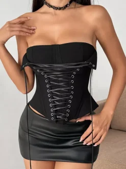 Corset marron sexy sans manches coupe ajustée à lacets