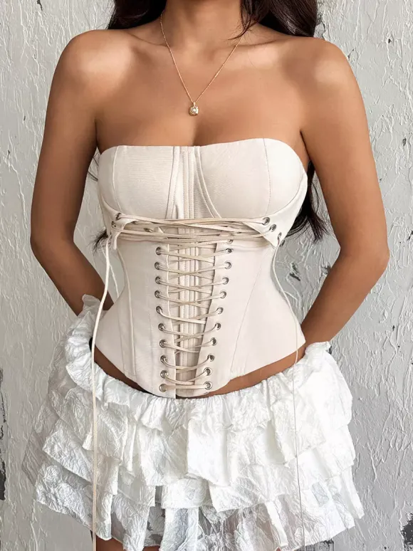 Corset marron sexy sans manches coupe ajustée à lacets
