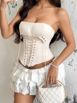 Corset marron sexy sans manches coupe ajustée à lacets