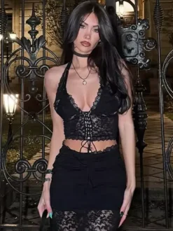 Corset noir chic sans manches à col V court en dentelle avec laçage sur le devant