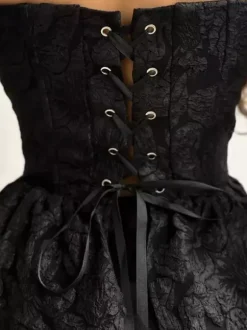 Corset noir sexy à lacets sans bretelles en jacquard péplum