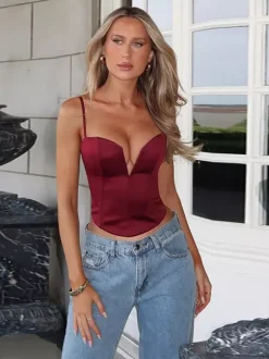 Corset pour femme - Bustier-camisole en satin à décolleté plongeant en V - Soirée d'été en boîte de nuit 2026