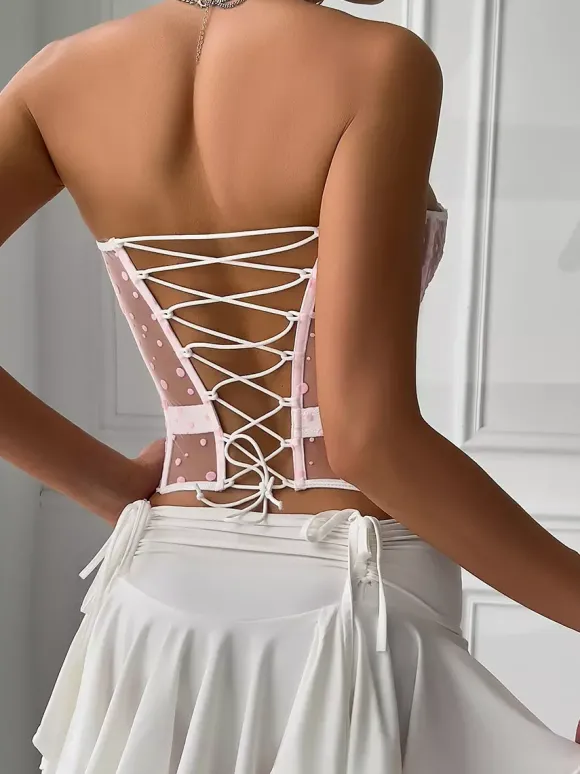Corsets blancs chics sans manches bustier transparent coupe ajustée hauts à lacets