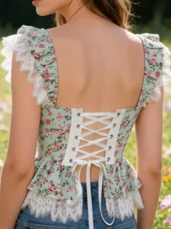 Corsets hauts turquoise sexy sans manches coupe ajustée en dentelle à lacets